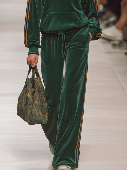 Casual Sports Green Velvet Sweatshirt And Pants Set