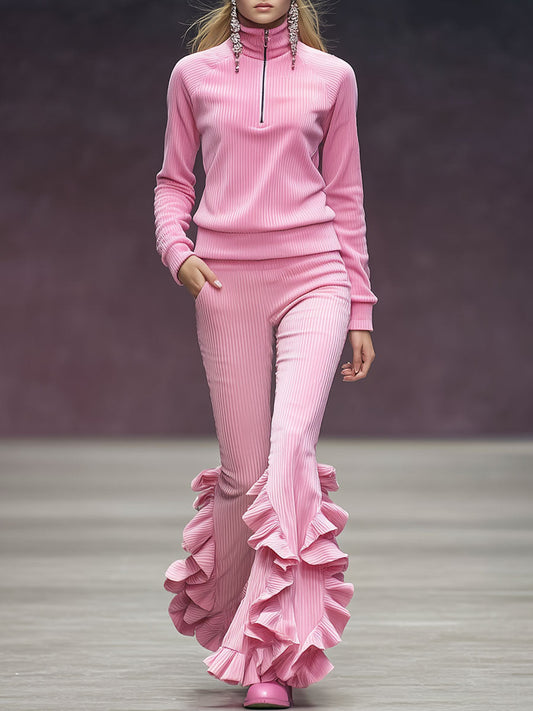 Sporty Retro Pink Corduroy Zip-Up Sweatshirt And Ruffled Flared Pants Set