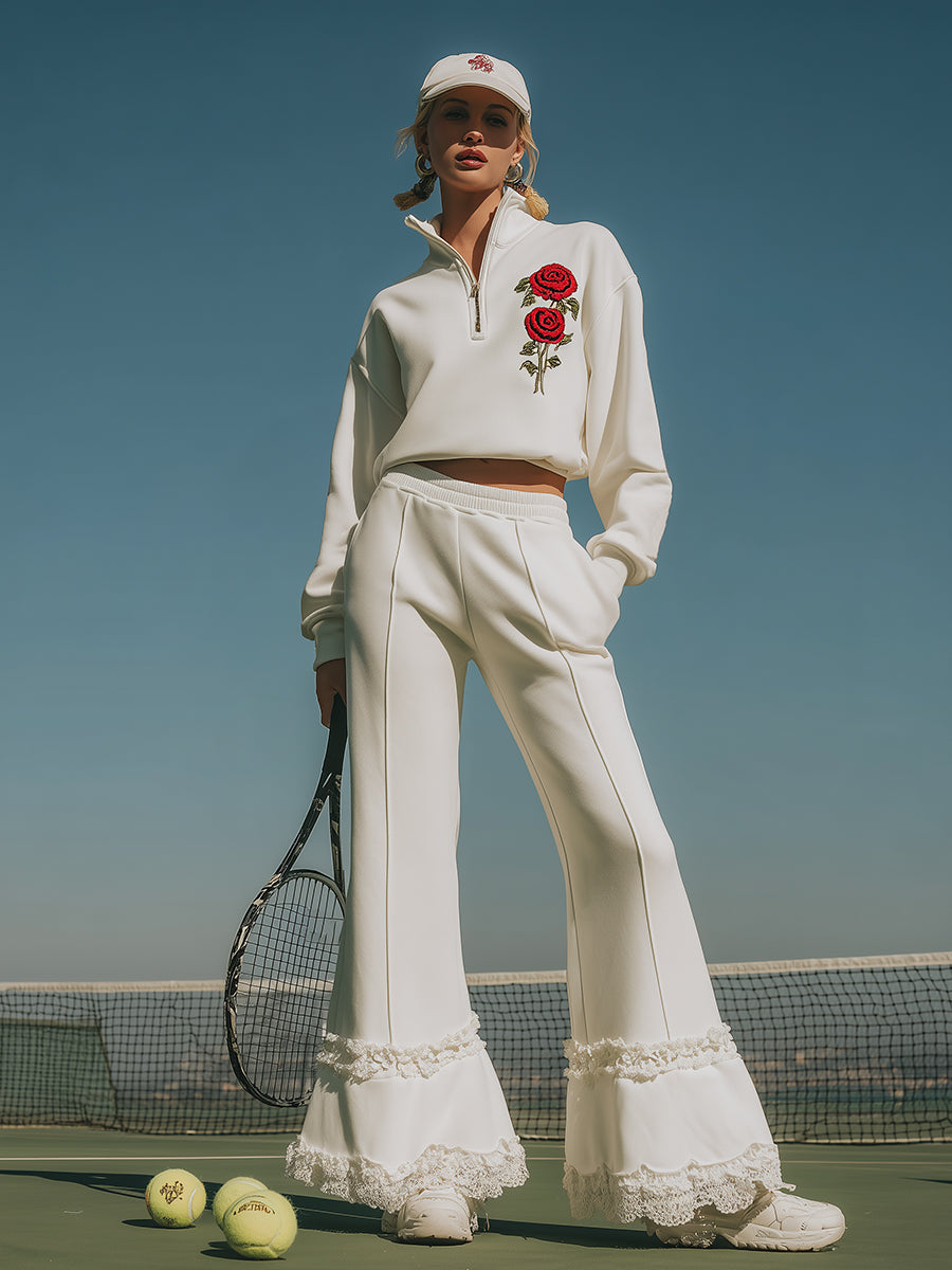 Ballet-inspired Sporty Red Floral Embroidered Lace Patchwork White Sweatshirt And Flared Pants Set