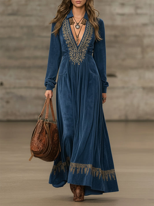 Western-style Faux Suede V-neck Embroidered Maxi Dress