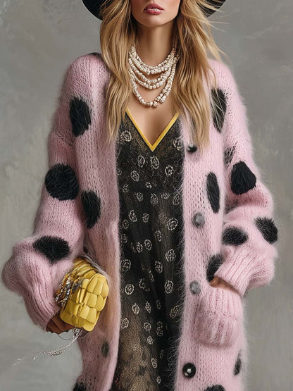Vintage Fashion Lazy Front Button Black Polka Dot Pink Imitation Rabbit Fur Knitted Long-sleeved Cardigan