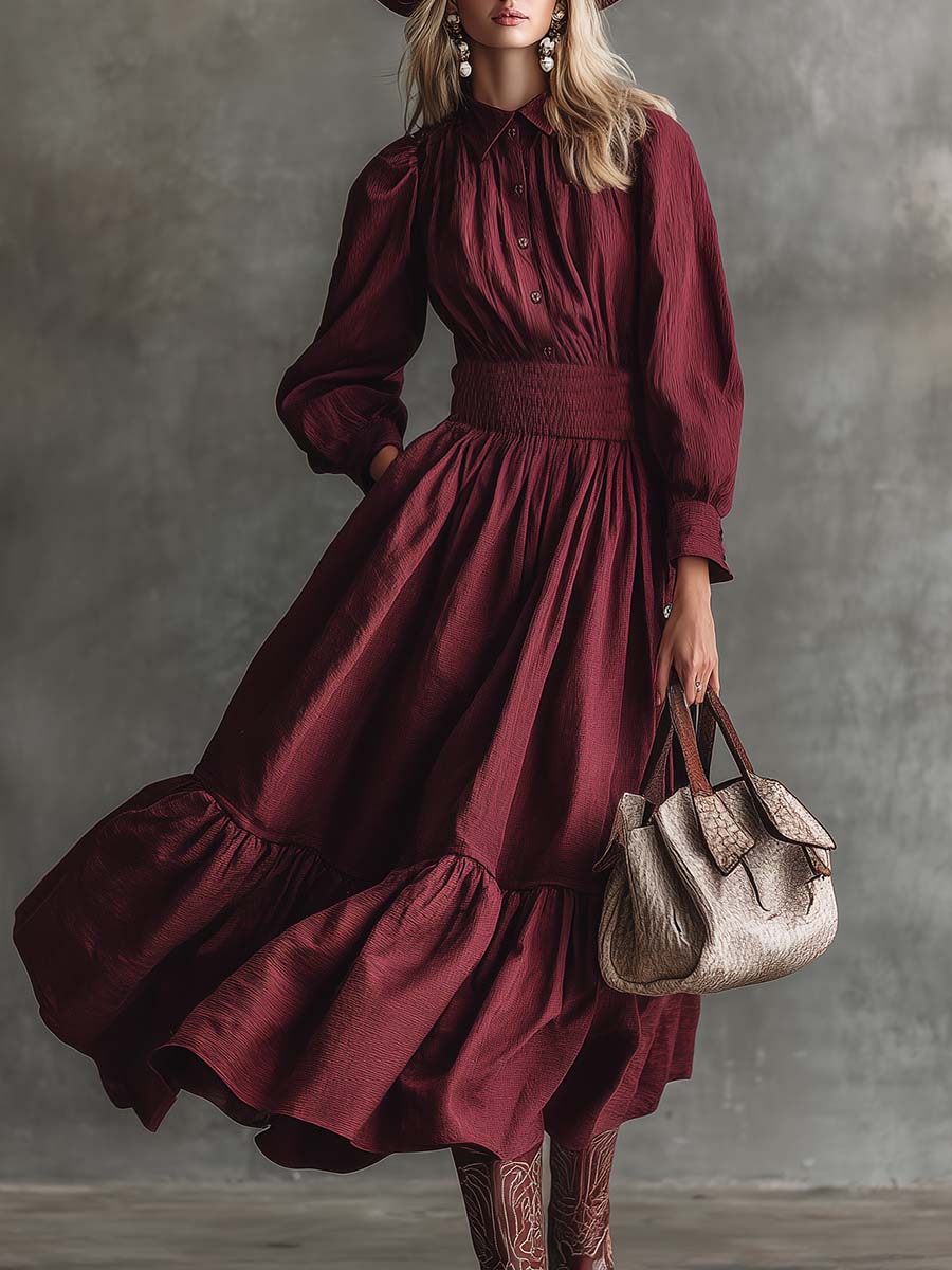 Vintage Western Countryside Lapel Button Front Bubble Hem Maroon Cotton Midi Dress