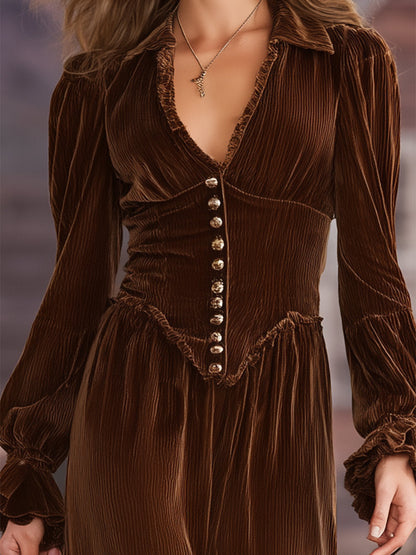 Western Brown Corduroy V-neck Ruffle Maxi Dress