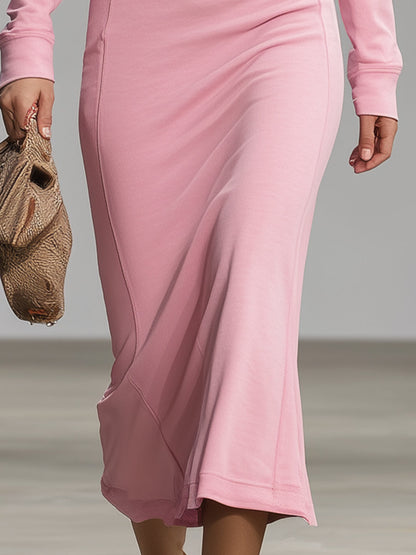 Sporty Hooded Embroidered Pink Zip-up Midi Dress