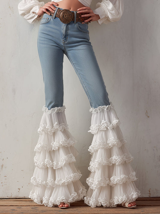 Romantic And Elegant White Ruffled Blue Jeans