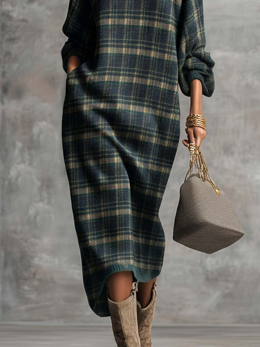 Vintage Fashion Loose-fitting Round Neck Green Plaid Midi Dress