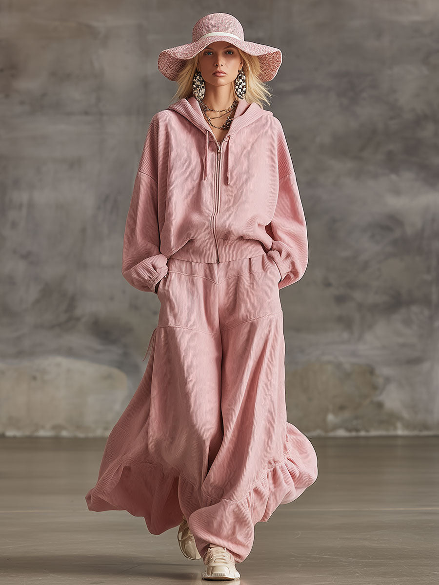 Stylish And Elegant Loose-fitting Pink Corduroy Hooded Top And Pants Set