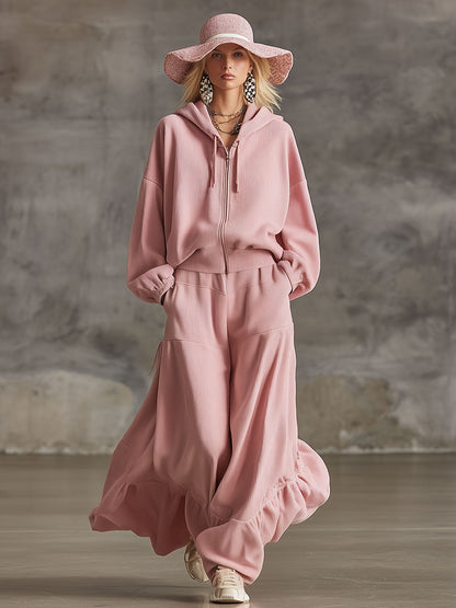 Stylish And Elegant Loose-fitting Pink Corduroy Hooded Top And Pants Set
