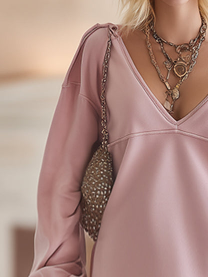 Trendy Urban Sporty V-neck Ruffled Pink Sweatshirt Mini Dress