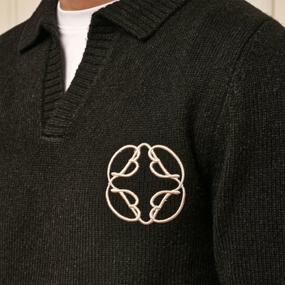 Belier Mohair Knit Open Collar Black Sweatshirt