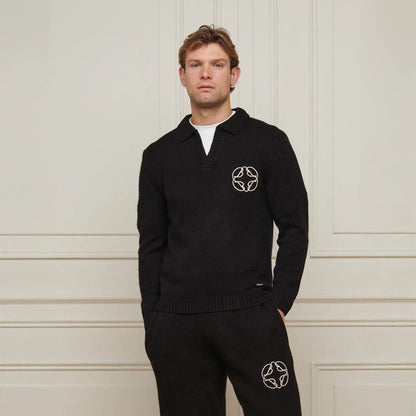 Belier Mohair Knit Open Collar Black Sweatshirt