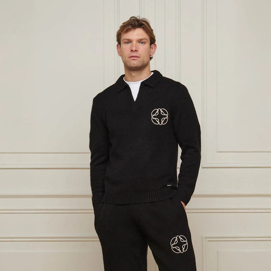 Belier Mohair Knit Open Collar Black Sweatshirt