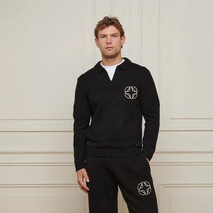 Belier Mohair Knit Open Collar Black Sweatshirt