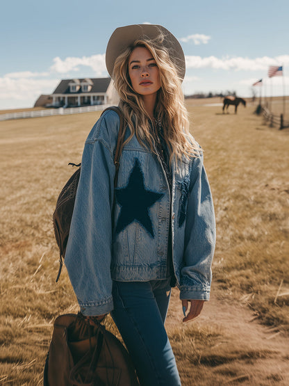 Trendy Western-style Star-patterned Frayed Denim Jacket
