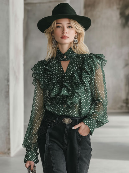 Stylish And Elegant Green Polka Dot Chiffon Ruffled Shirt