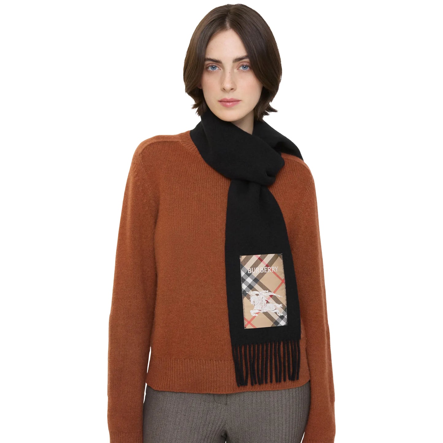 Burberry Check Label Cashmere Black Sand Beige Scarf