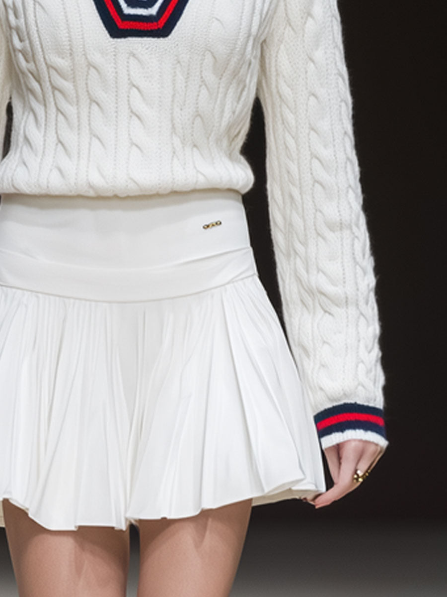 Sporty Retro Striped White Cable Knit Sweater And Pleated Skirt Set