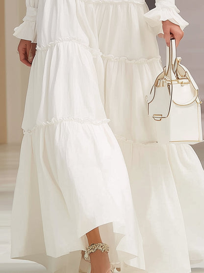 White Cotton Shirt Collar Elastic Maxi Dress