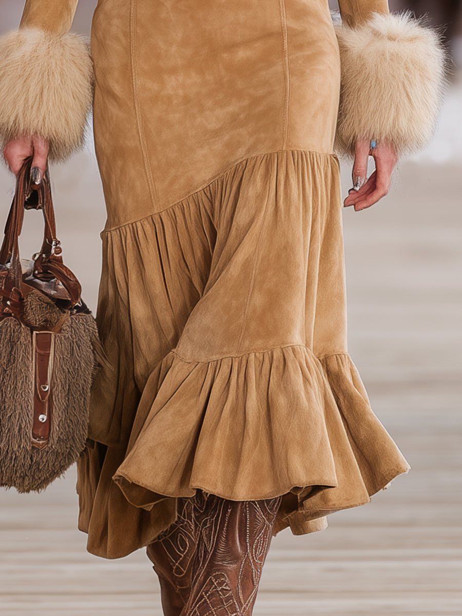 Western Brown Faux Suede V-neck Ruffled Cuffs And Fur-trimmed Midi Dress