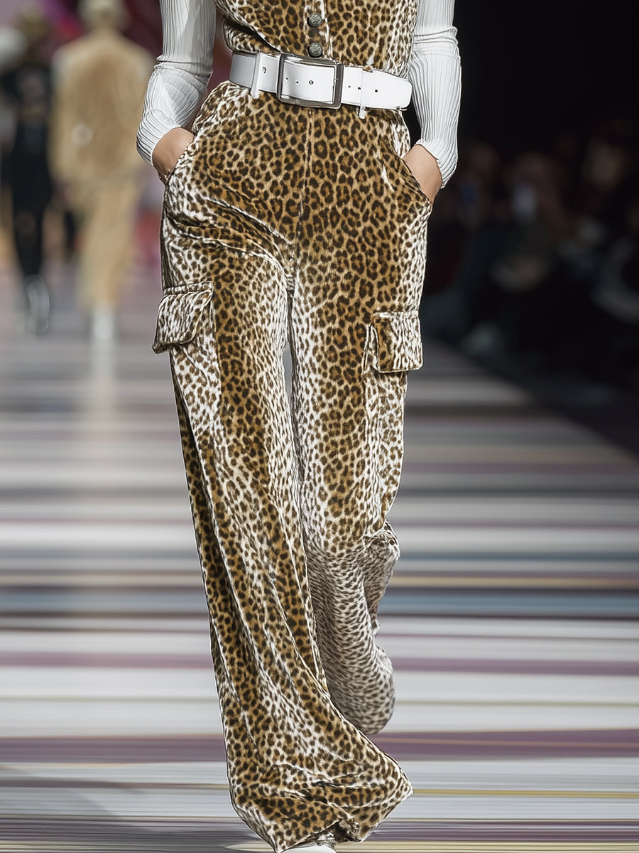 Casual And Stylish Leopard Print Velvet Overalls