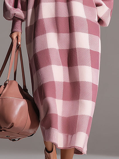 Casual Loose-fitting White And Pink Plaid Round Neck Knit Midi Dress