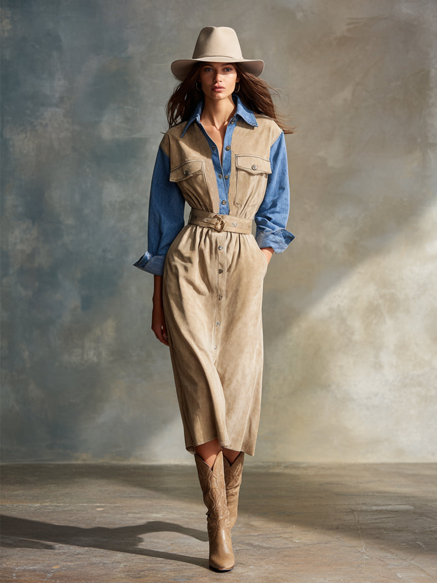 Trendy Retro Beige Faux Suede Patchwork Blue Denim Midi Dress