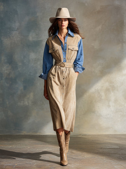 Trendy Retro Beige Faux Suede Patchwork Blue Denim Midi Dress