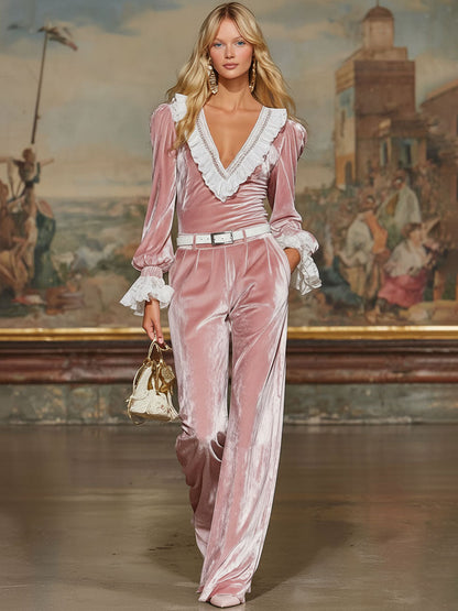 Velvet-trimmed Lace-trimmed Top And Wide-leg Pants Set