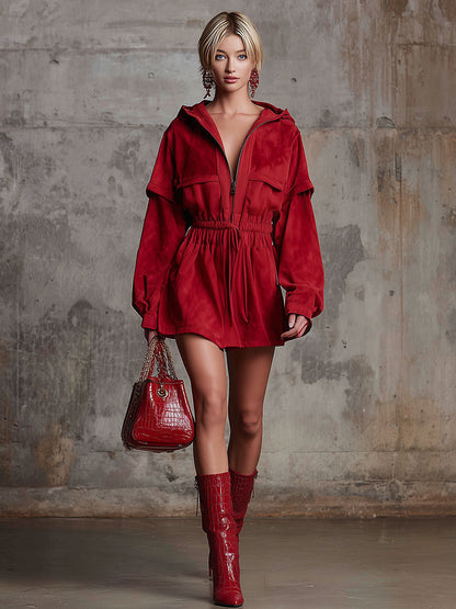 Western Retro Red Hooded Half-Zip Faux Suede Mini Dress