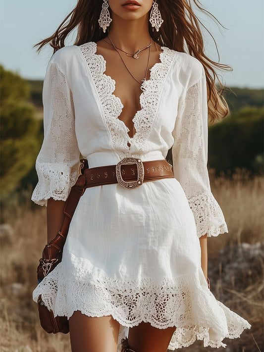 Women's White Linen V-neck Lace Hem Stitching Lace Mid-length Sleeve Dress