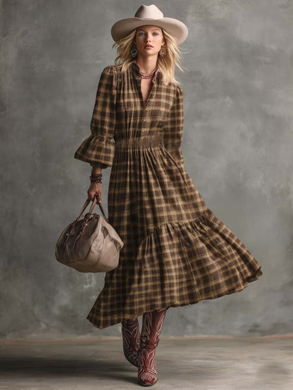 Vintage Western Countryside Lapel Front Button Bubble Hem Brown Plaid Midi Dress