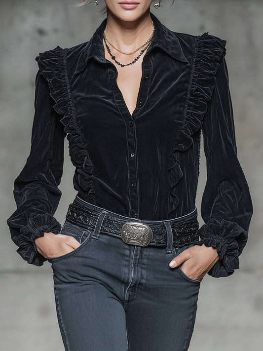 Stylish Black Faux Suede Long-sleeved With Ruffled Trim And Buttons Shirt