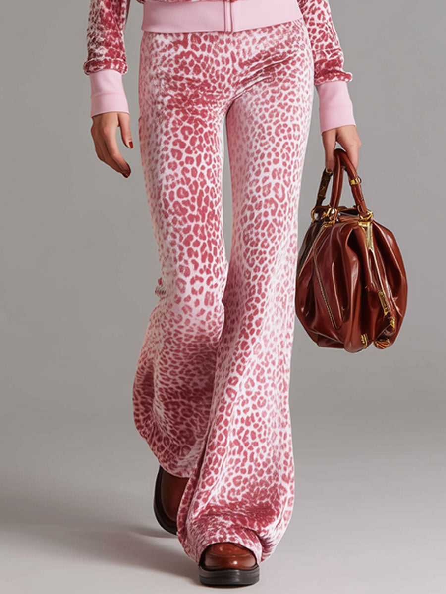 Casual Sporty Retro Pink Leopard Print Velvet Hoodie Flared Pants Set