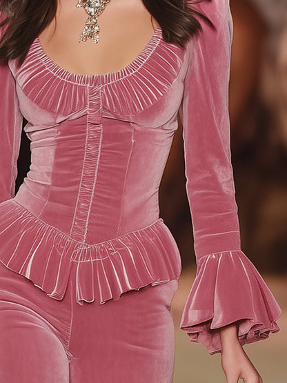 Western Pink Velvet Bell-Sleeve Ruffled Top And Bell-Bottom Pants Tassel Set