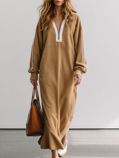 Casual Retro Half-zip Camel Cotton Fleece Slit Sporty Maxi Dress