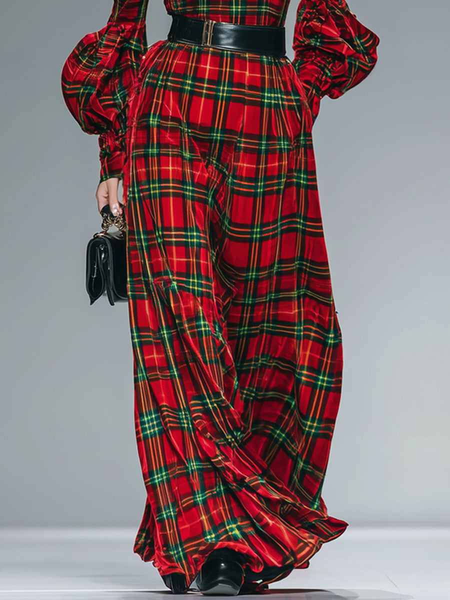 Trendy Retro Red And Green Plaid Velvet Lantern Sleeve Maxi Dress