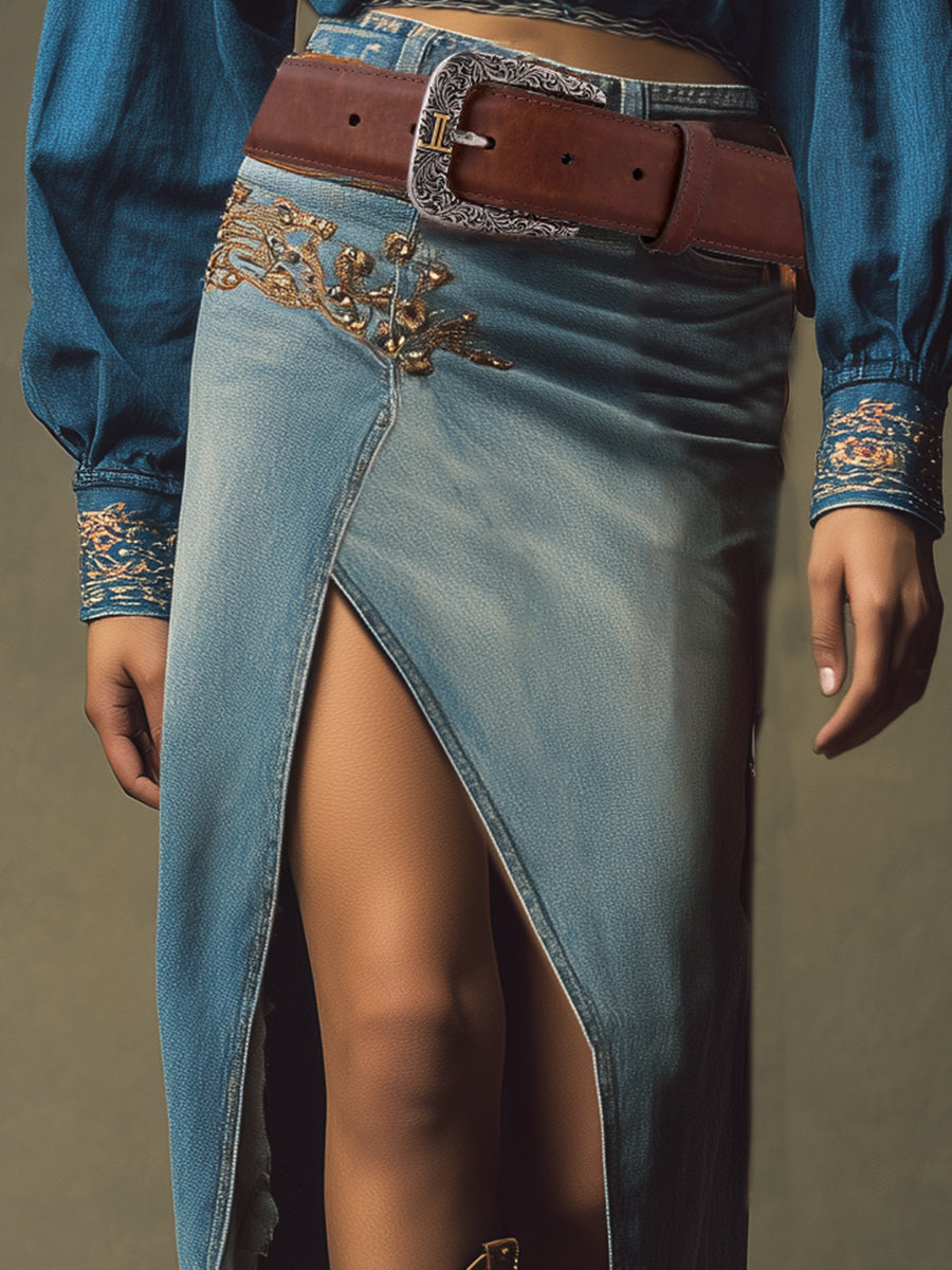 Casual Retro Blue Denim Rhinestone Slit Skirt