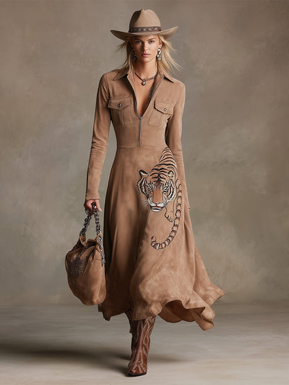 Vintage-style Wild Tiger Embroidered Khaki Lapel Faux Suede Maxi Dress