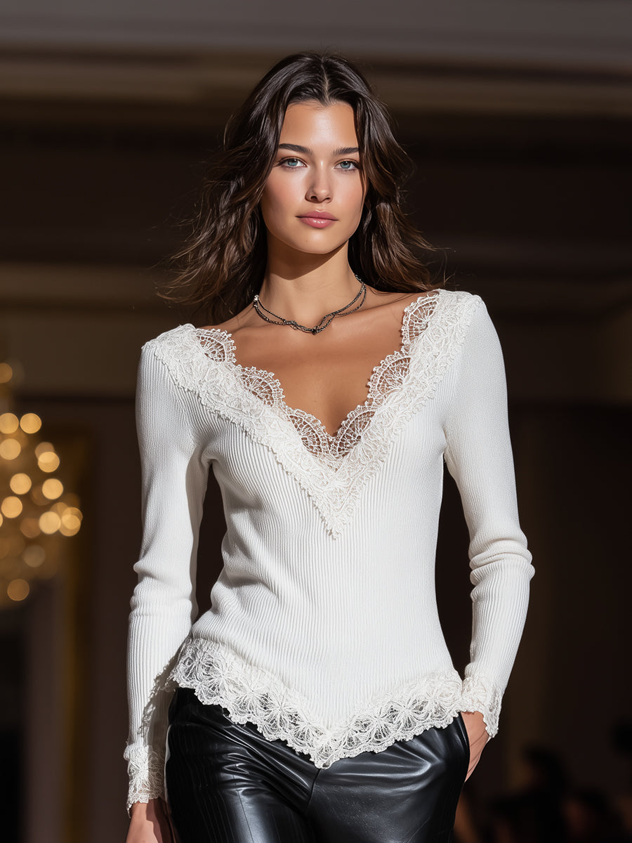Stylish White Knitted V-neck Patchwork Lace Sweater