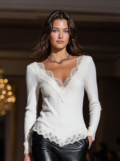Stylish White Knitted V-neck Patchwork Lace Sweater