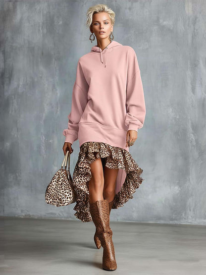 Temperament Fashion Sports Ooded Leopard Print High And Low Ruffle Hem Pink Cotton Midi Dress