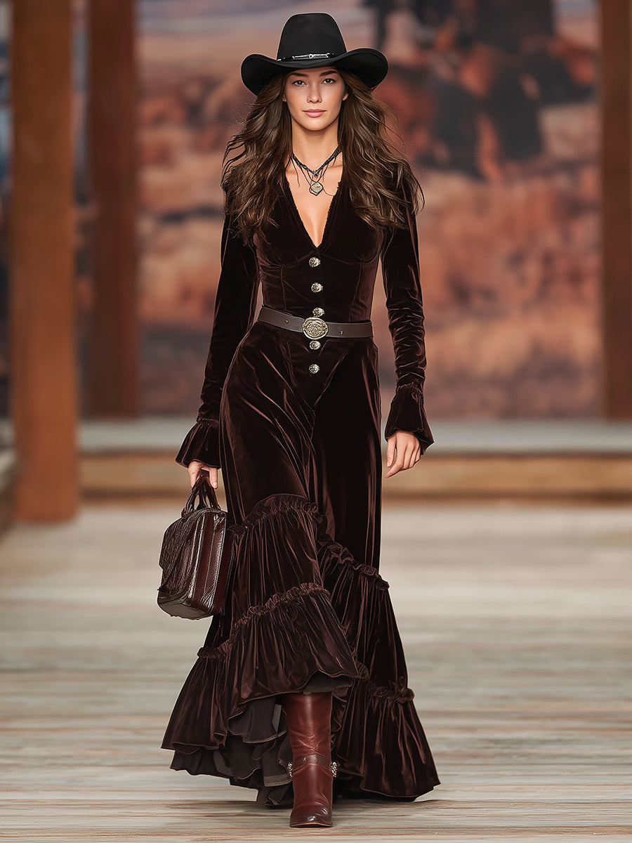 Western Brown V-neck Button-down Ruffle Maxi Dress