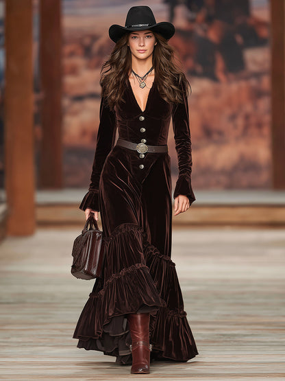 Western Brown V-neck Button-down Ruffle Maxi Dress