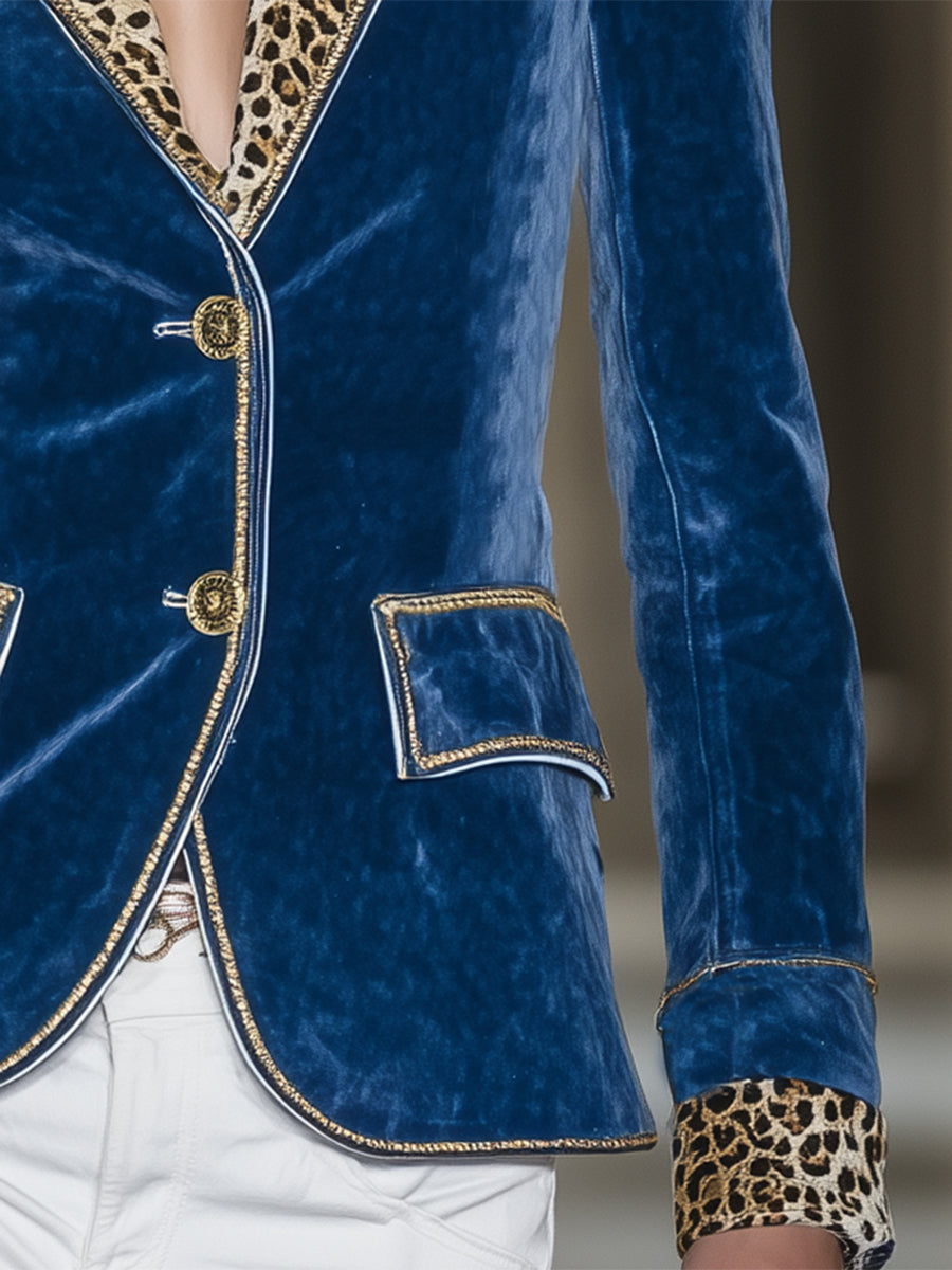 Western-style Blue Velvet Patchwork Leopard Print Button Blazer