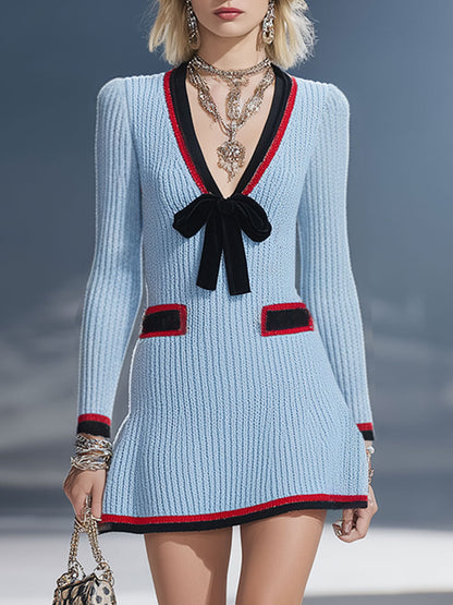 Stylish Retro Black And Red Trimmed Blue Knit Mini Dress