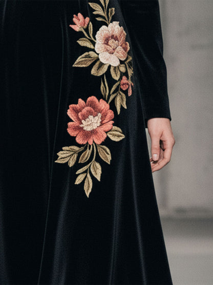 Western Black Velvet Neckline Unique Design Embroidered Midi Dress