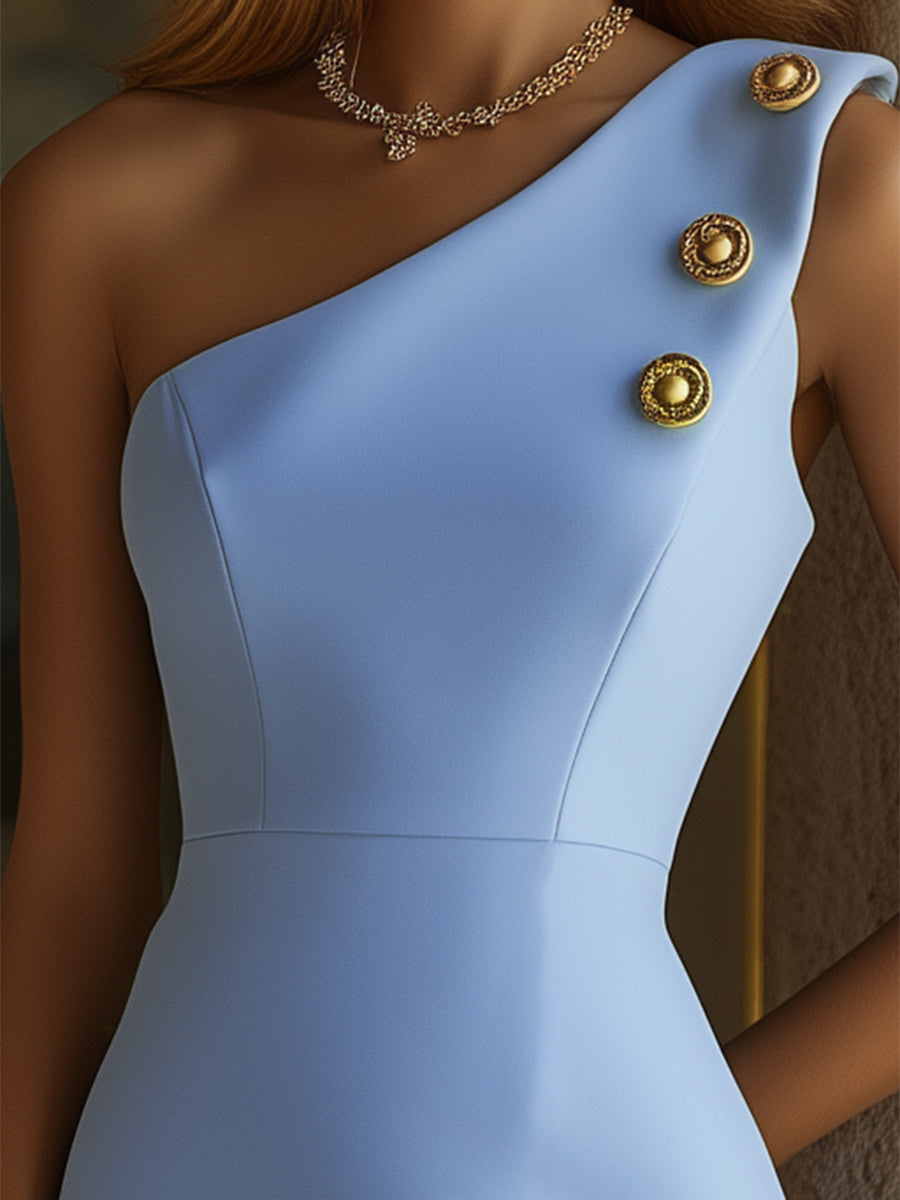 Women's Blue Off-shoulder Hip-wrapped Dress With Gold Buttons