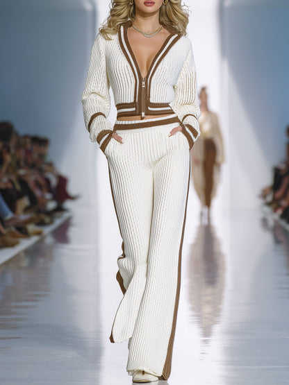 Simple And Stylish Brown Trim White Knit Set