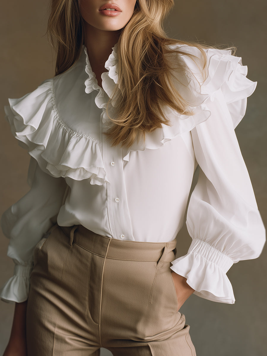 Stylish And Elegant Ruffle Trim White Shirt
