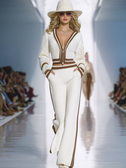 Simple And Stylish Brown Trim White Knit Set